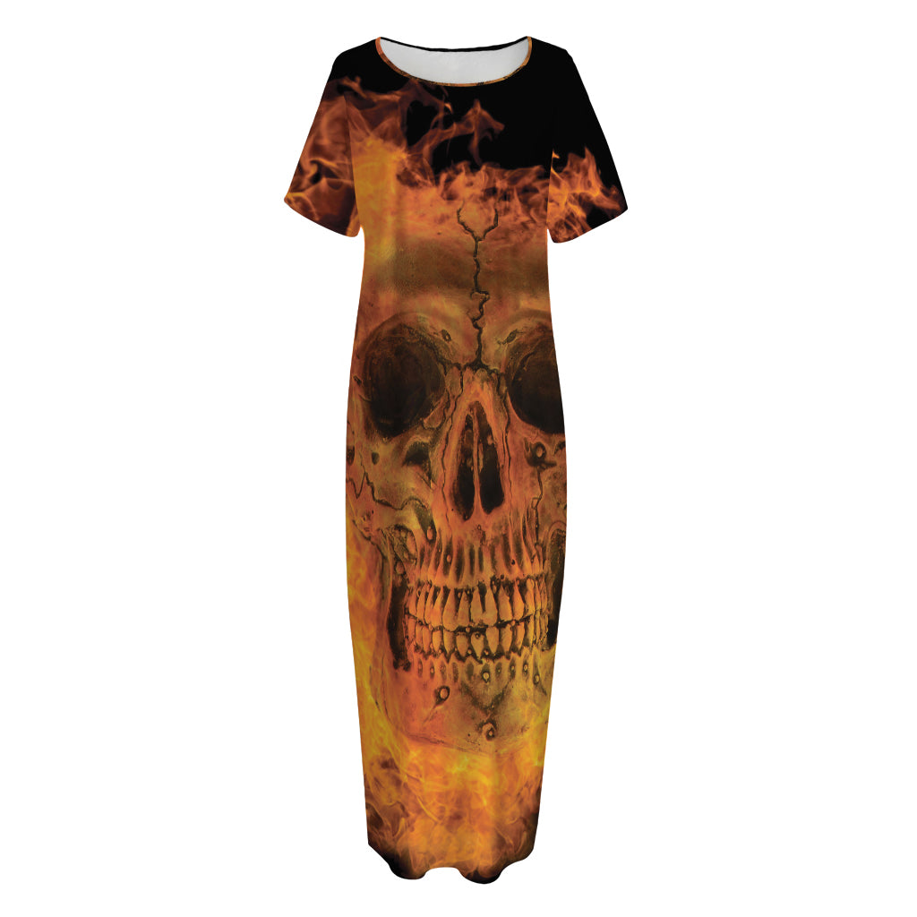 Fire Skull Print Short Sleeve Long Nightdress