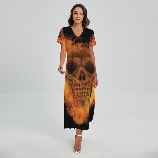 Fire Skull Print Short Sleeve Maxi Dress