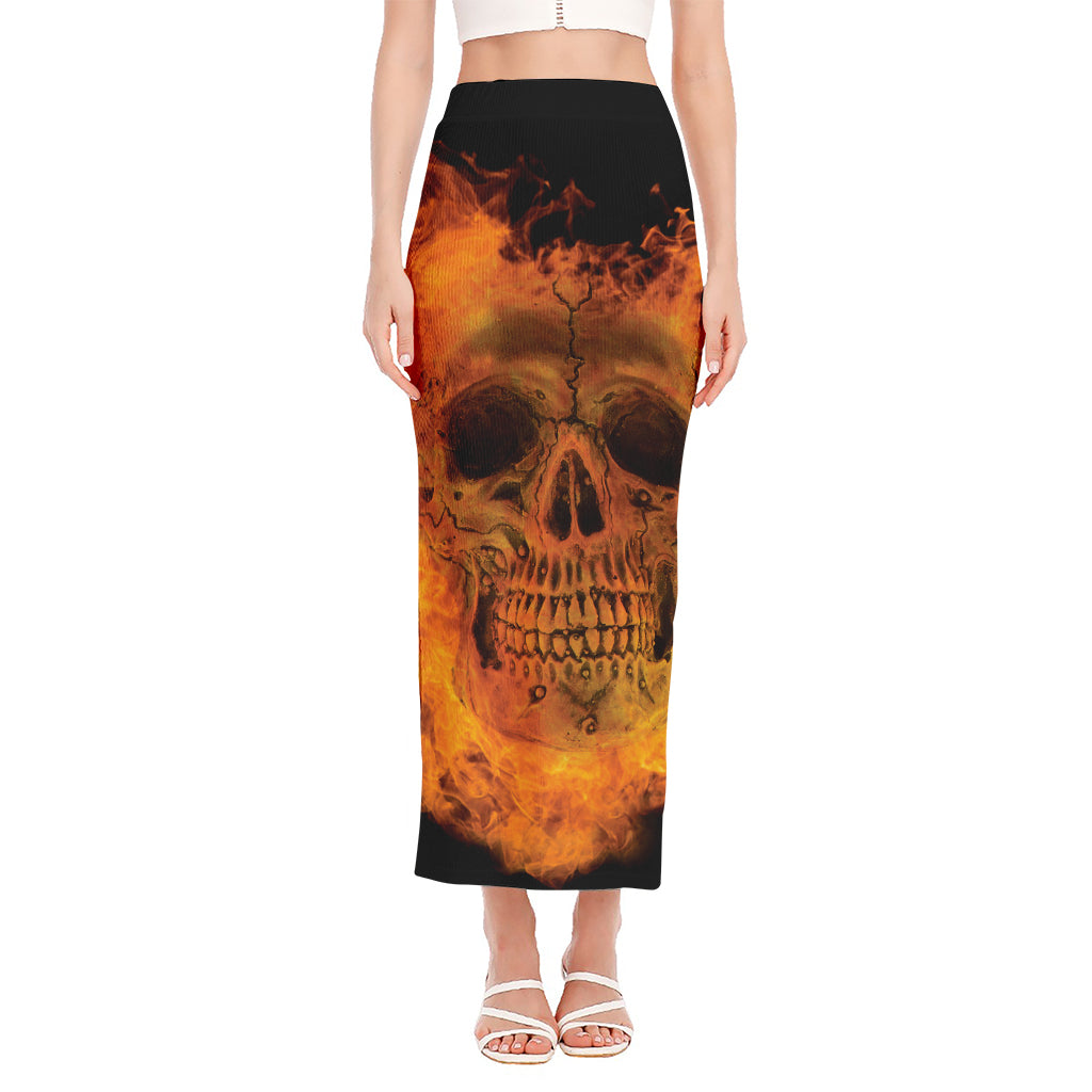 Fire Skull Print Side Slit Maxi Skirt