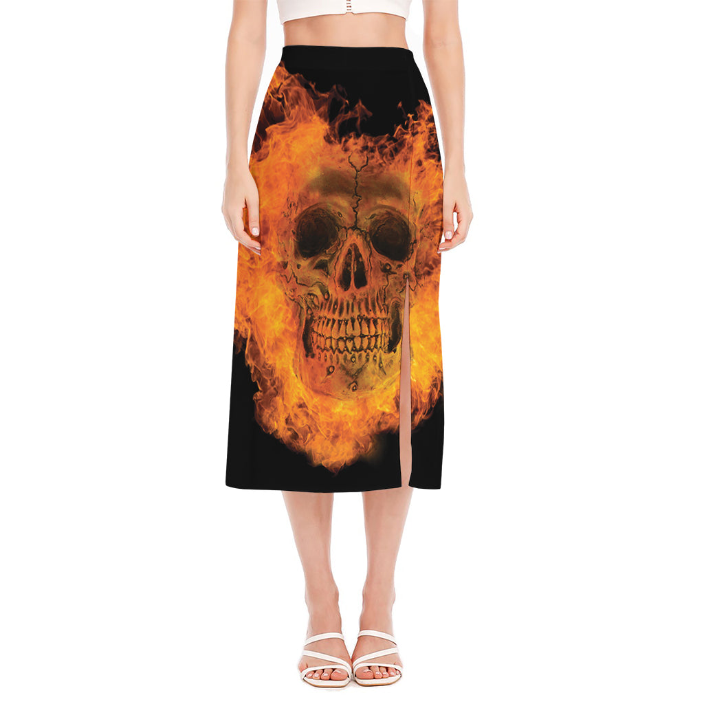 Fire Skull Print Side Slit Midi Skirt
