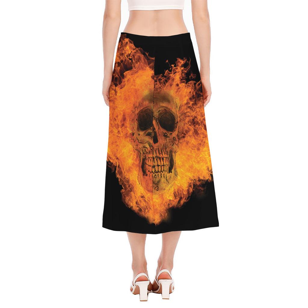 Fire Skull Print Side Slit Midi Skirt