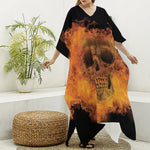 Fire Skull Print Silk V-Neck Kaftan Dress
