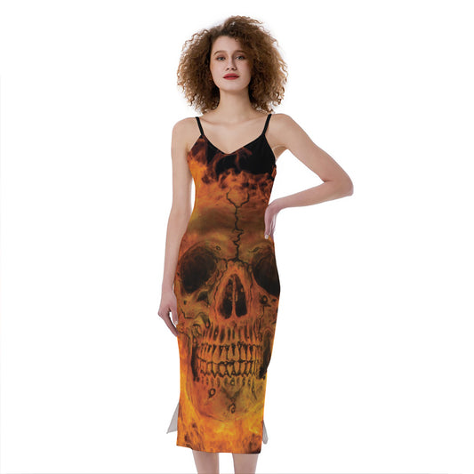 Fire Skull Print Slim Fit Midi Cami Dress