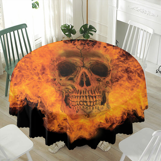 Fire Skull Print Waterproof Round Tablecloth