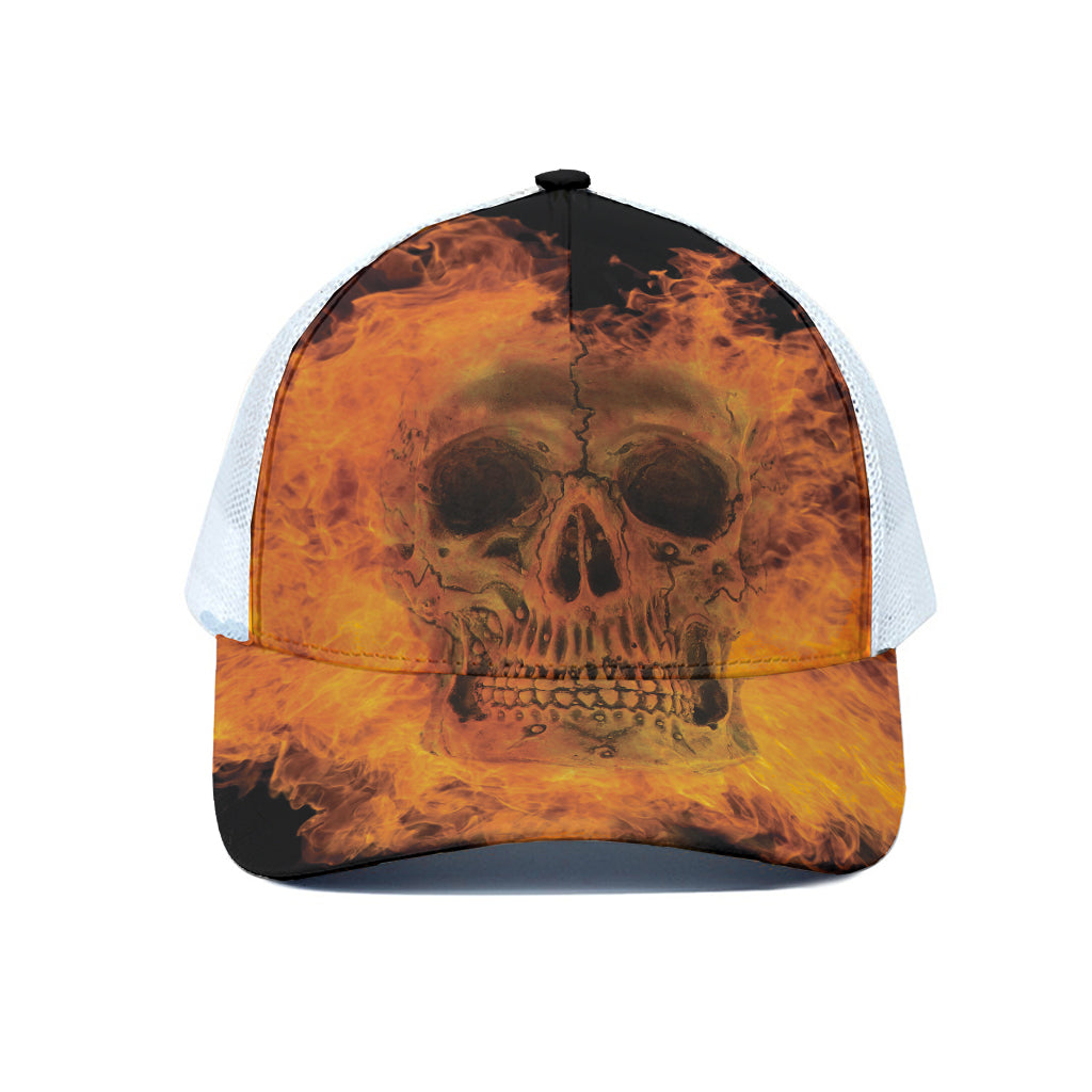 Fire Skull Print White Mesh Trucker Cap