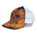 Fire Skull Print White Mesh Trucker Cap