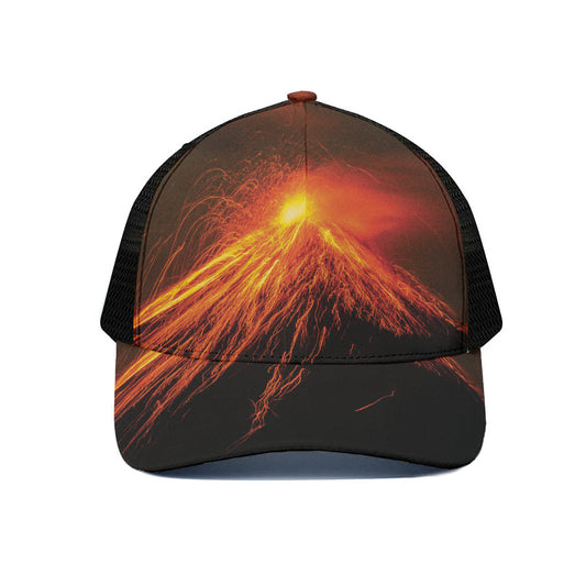Fire Volcano Print Black Mesh Trucker Cap