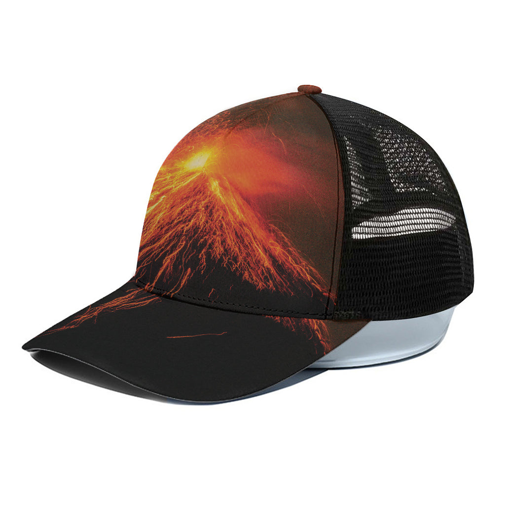 Fire Volcano Print Black Mesh Trucker Cap