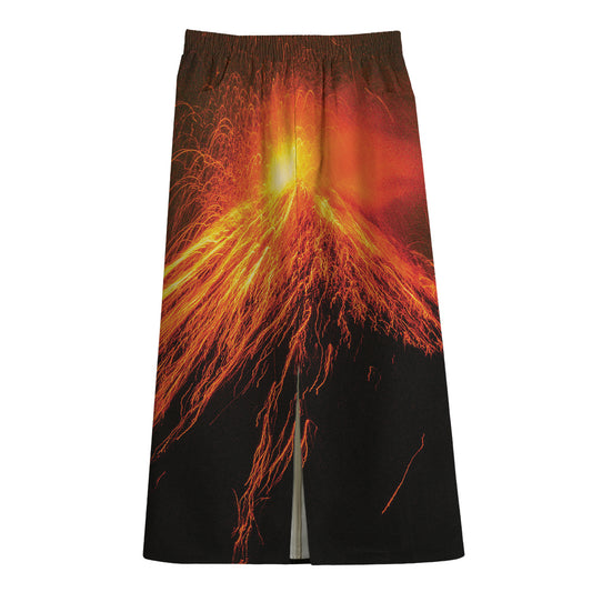 Fire Volcano Print Cotton Front Slit Maxi Skirt