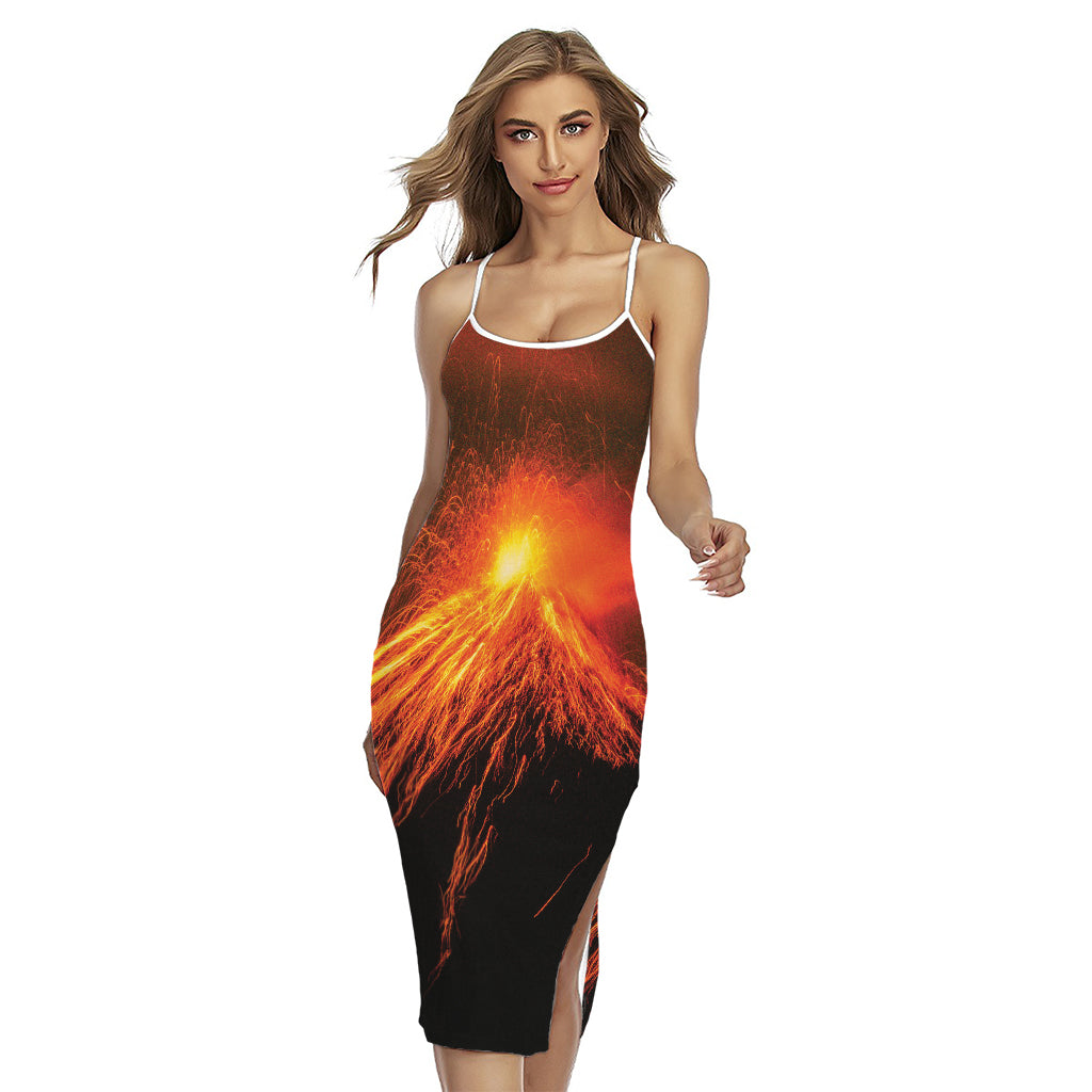Fire Volcano Print Cross Back Cami Dress