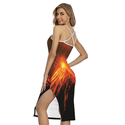Fire Volcano Print Cross Back Cami Dress