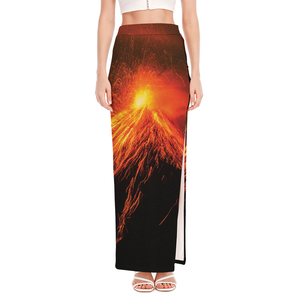 Fire Volcano Print High Slit Maxi Skirt