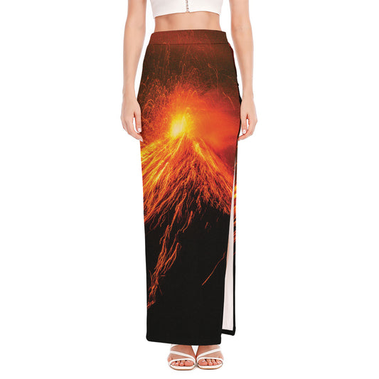 Fire Volcano Print High Slit Maxi Skirt