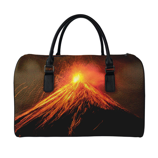 Fire Volcano Print Leather Duffle Bag