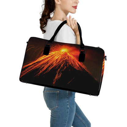 Fire Volcano Print Leather Duffle Bag