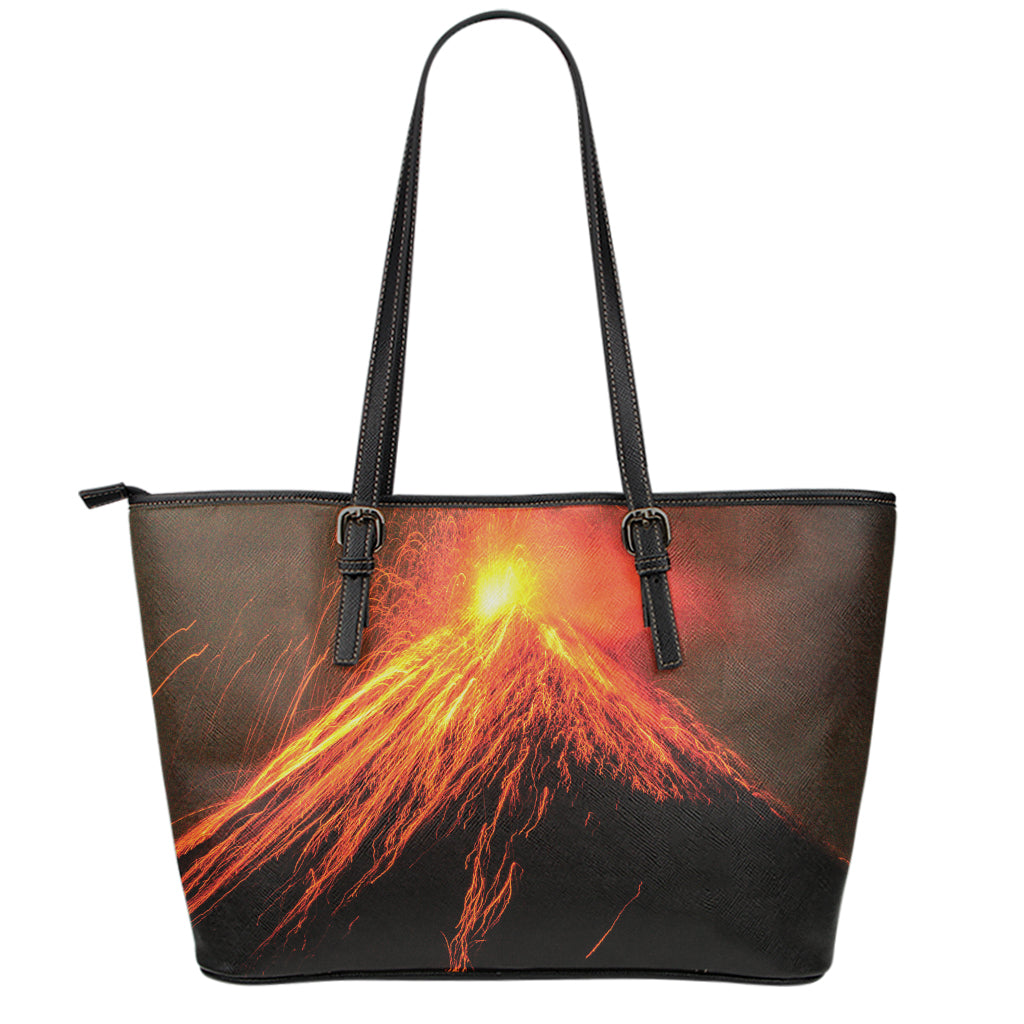 Fire Volcano Print Leather Tote Bag