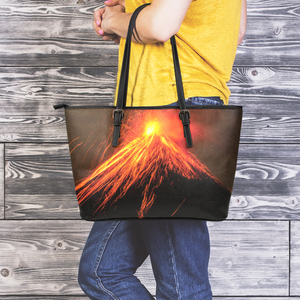 Fire Volcano Print Leather Tote Bag