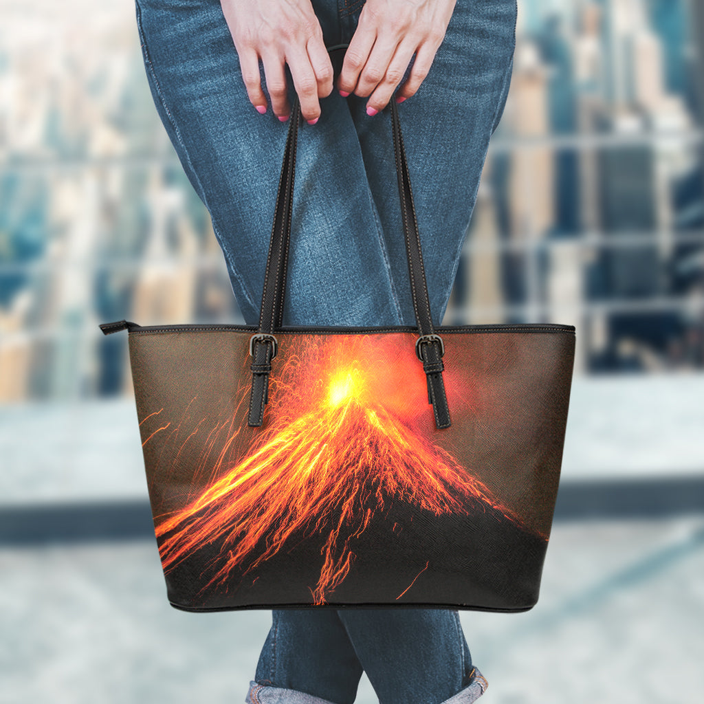 Fire Volcano Print Leather Tote Bag