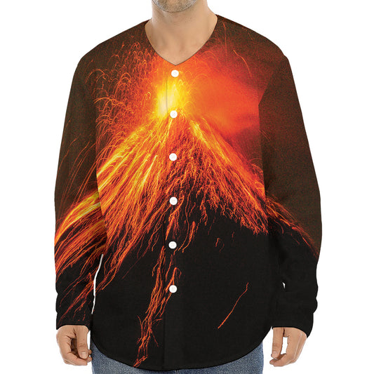 Fire Volcano Print Long Sleeve Baseball Jersey
