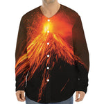 Fire Volcano Print Long Sleeve Baseball Jersey