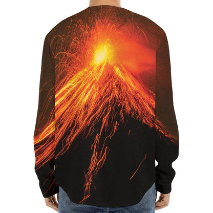 Fire Volcano Print Long Sleeve Baseball Jersey