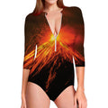 Fire Volcano Print Long Sleeve Swimsuit