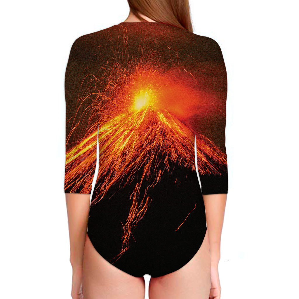 Fire Volcano Print Long Sleeve Swimsuit