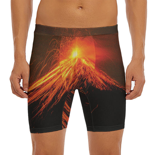 Fire Volcano Print Men's Long Boxer Briefs