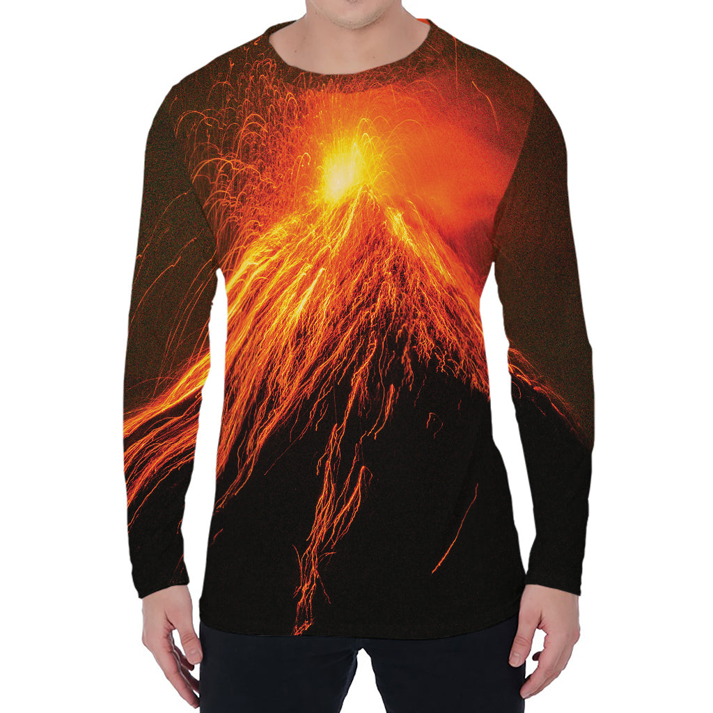 Fire Volcano Print Men's Long Sleeve T-Shirt