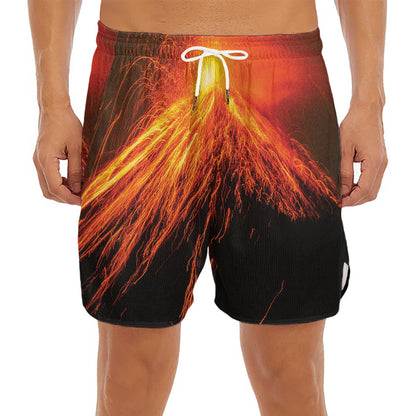 Fire Volcano Print Men's Split Running Shorts