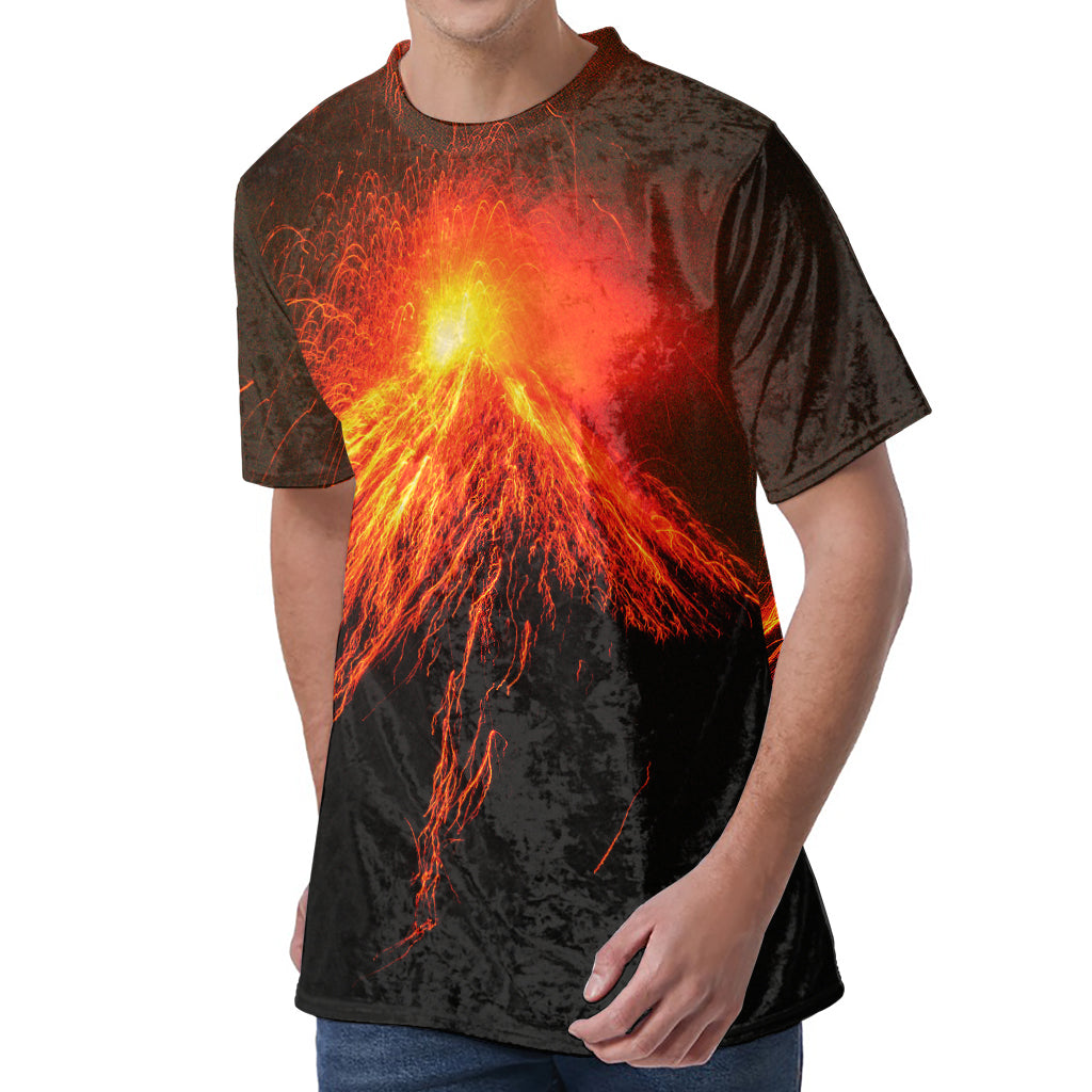 Fire Volcano Print Men's Velvet T-Shirt