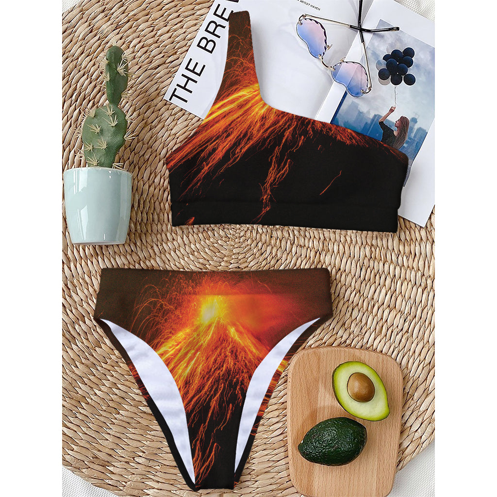 Fire Volcano Print One Shoulder Bikini Top