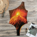 Fire Volcano Print One Shoulder Bodysuit