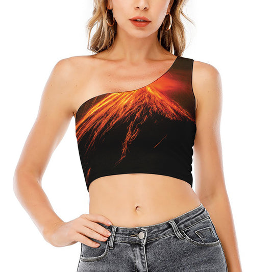 Fire Volcano Print One Shoulder Crop Top