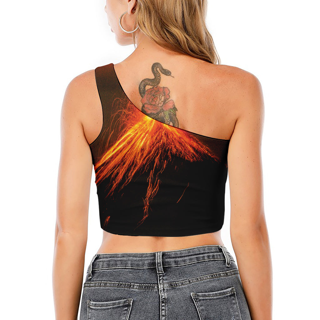 Fire Volcano Print One Shoulder Crop Top