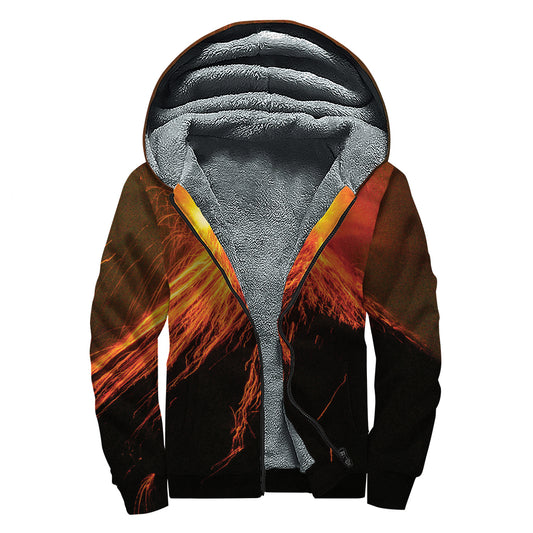 Fire Volcano Print Sherpa Lined Zip Up Hoodie