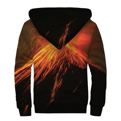 Fire Volcano Print Sherpa Lined Zip Up Hoodie
