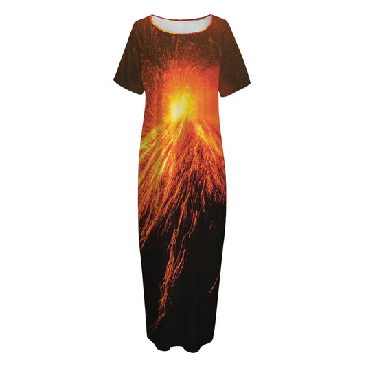 Fire Volcano Print Short Sleeve Long Nightdress