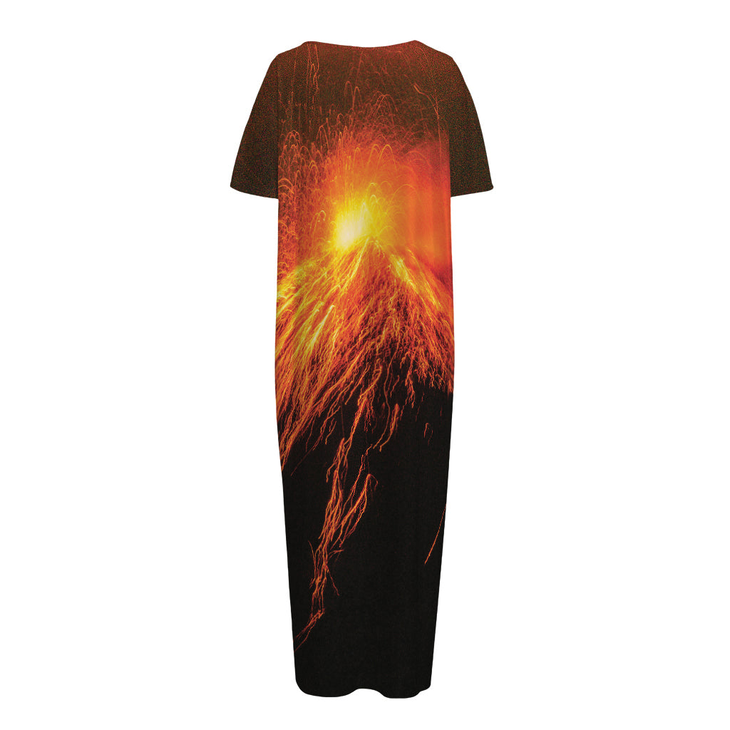 Fire Volcano Print Short Sleeve Long Nightdress