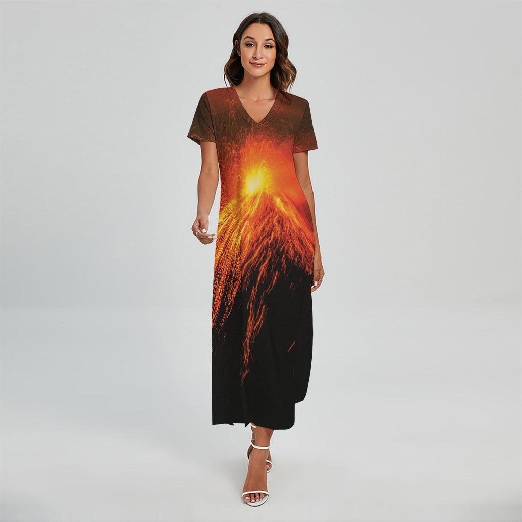 Fire Volcano Print Short Sleeve Maxi Dress