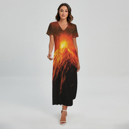 Fire Volcano Print Short Sleeve Maxi Dress
