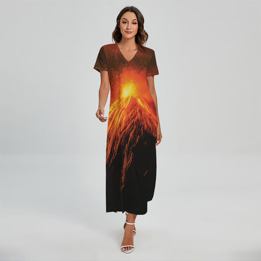 Fire Volcano Print Short Sleeve Maxi Dress