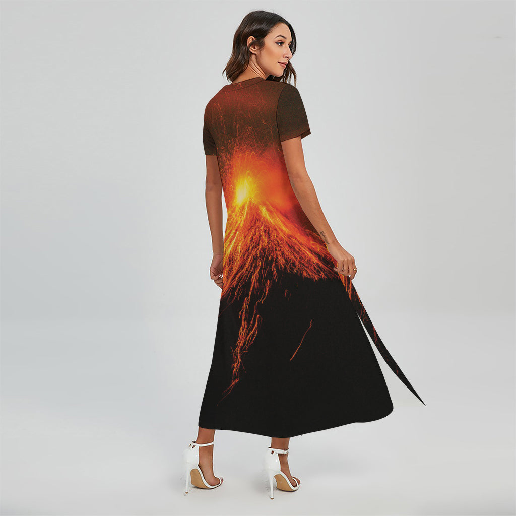 Fire Volcano Print Short Sleeve Maxi Dress