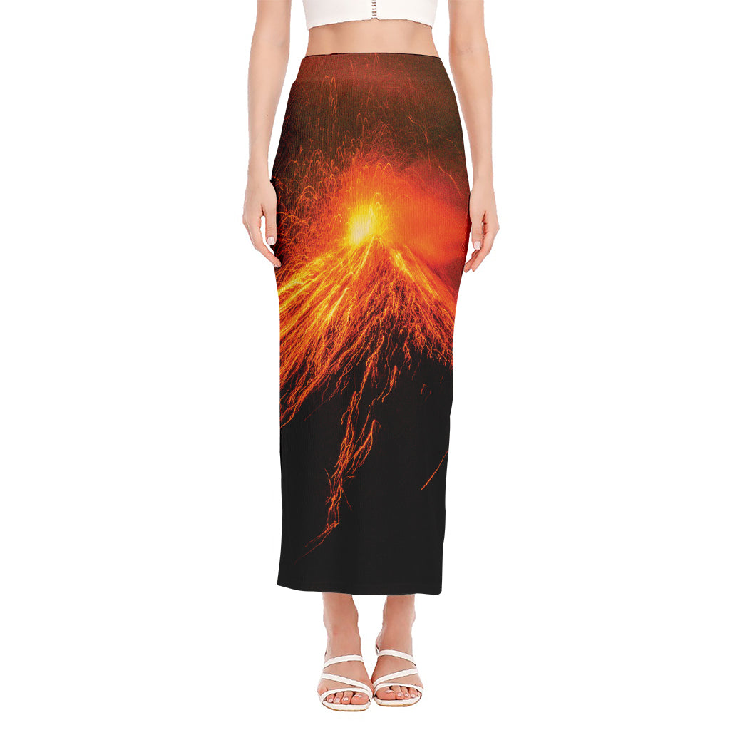 Fire Volcano Print Side Slit Maxi Skirt