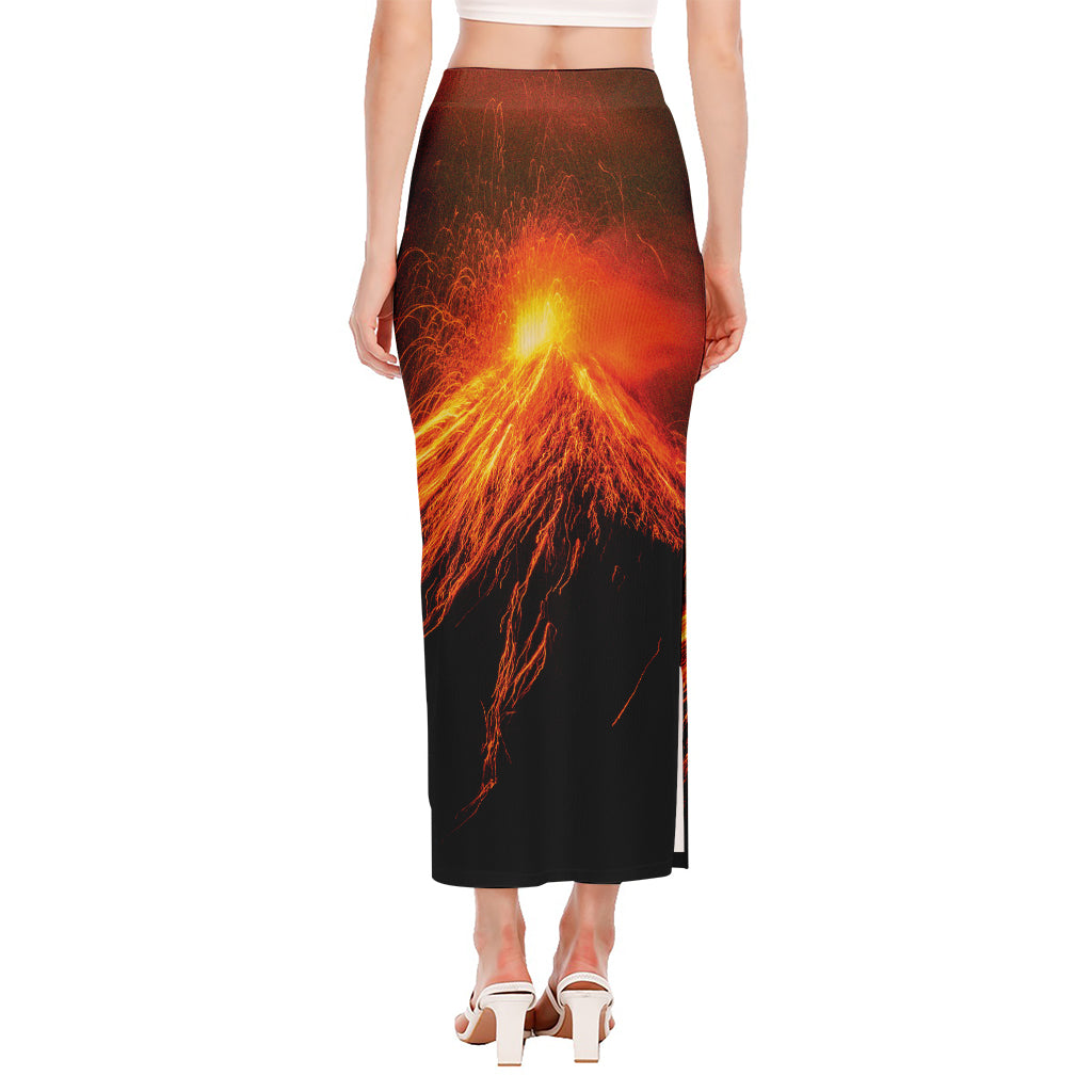 Fire Volcano Print Side Slit Maxi Skirt