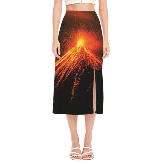 Fire Volcano Print Side Slit Midi Skirt