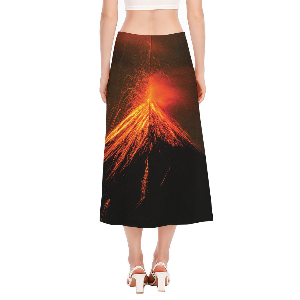 Fire Volcano Print Side Slit Midi Skirt