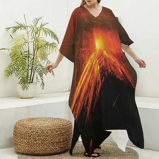Fire Volcano Print Silk V-Neck Kaftan Dress