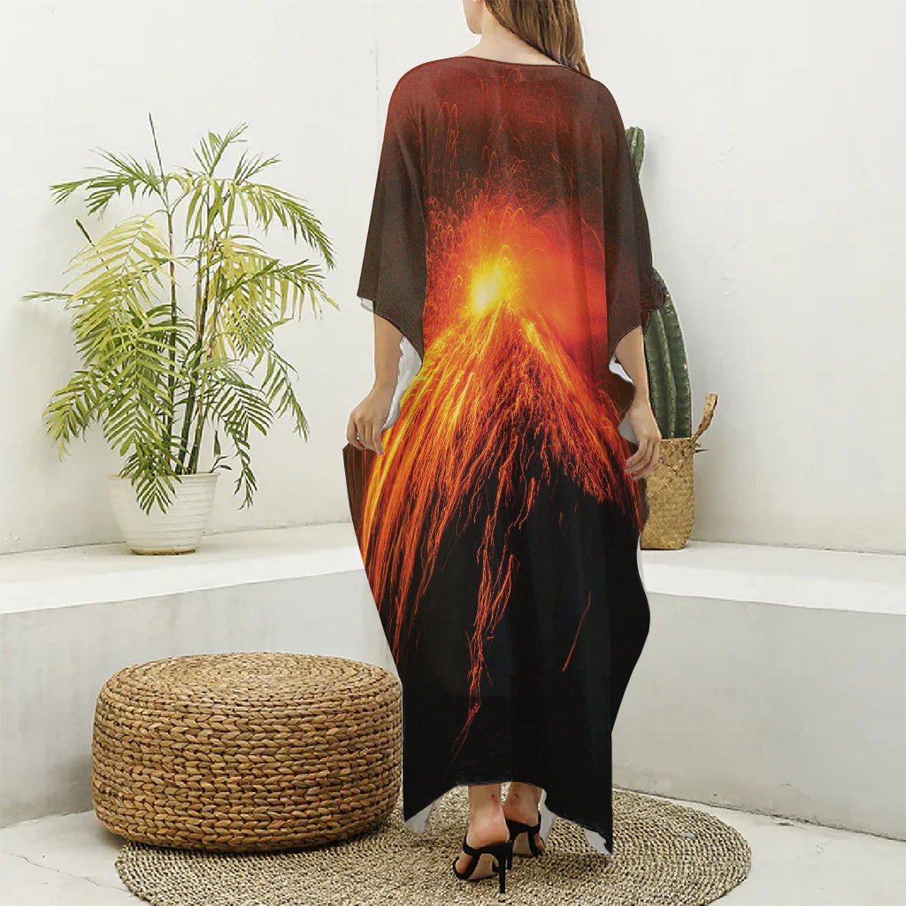Fire Volcano Print Silk V-Neck Kaftan Dress