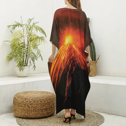 Fire Volcano Print Silk V-Neck Kaftan Dress